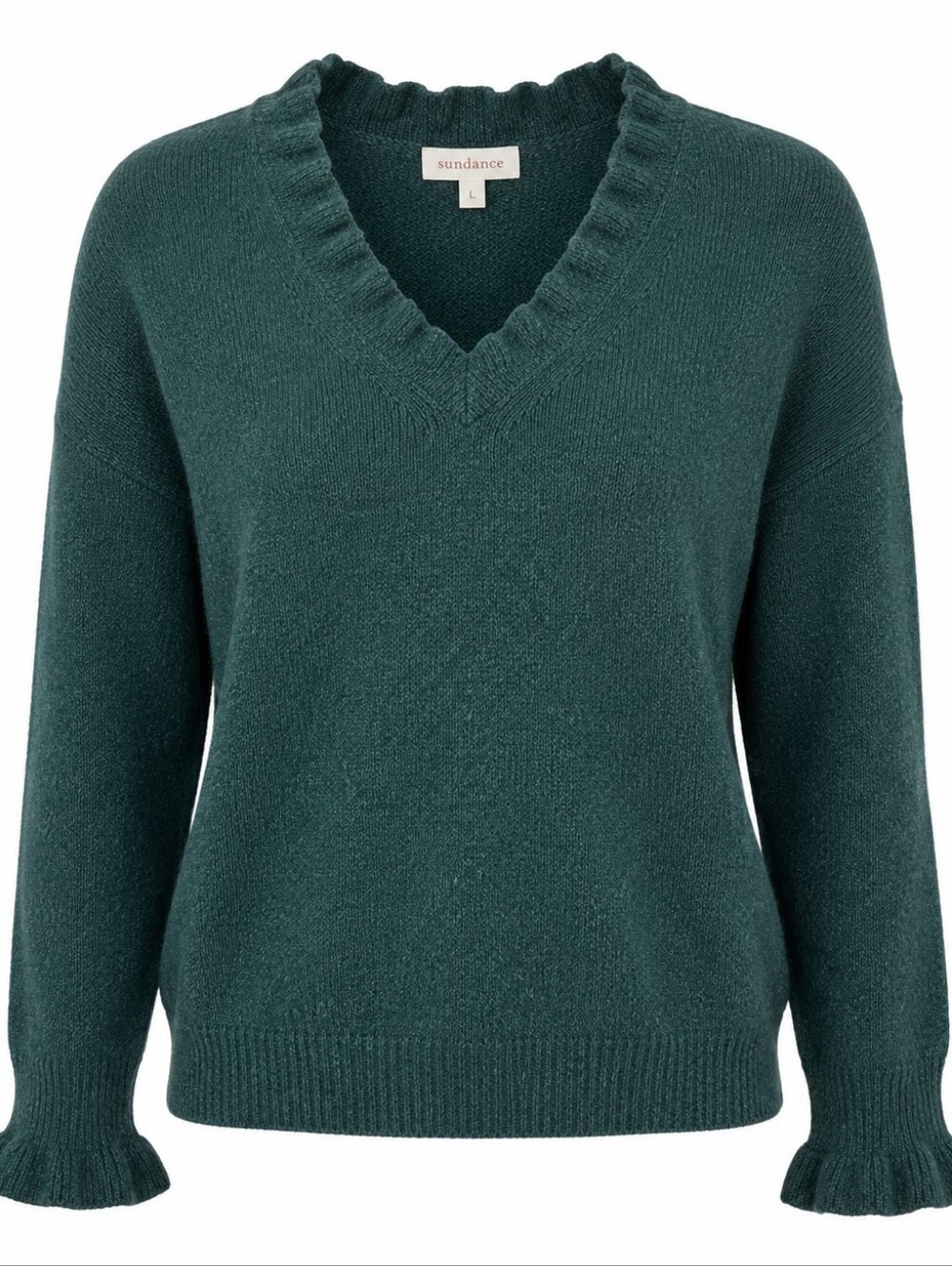 SUNDANCE | Green Ruffle‎ Trim V-Neck Ribbed Cuff Cozy Knit Sweater Boho | L